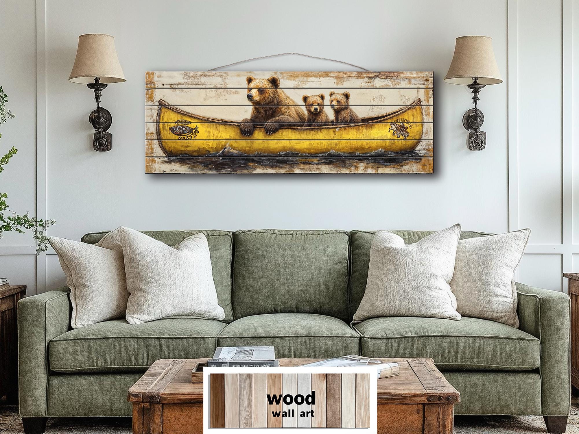Mama Bear and Cubs in a Yellow Canoe Large Horizontal Wood Wall Art