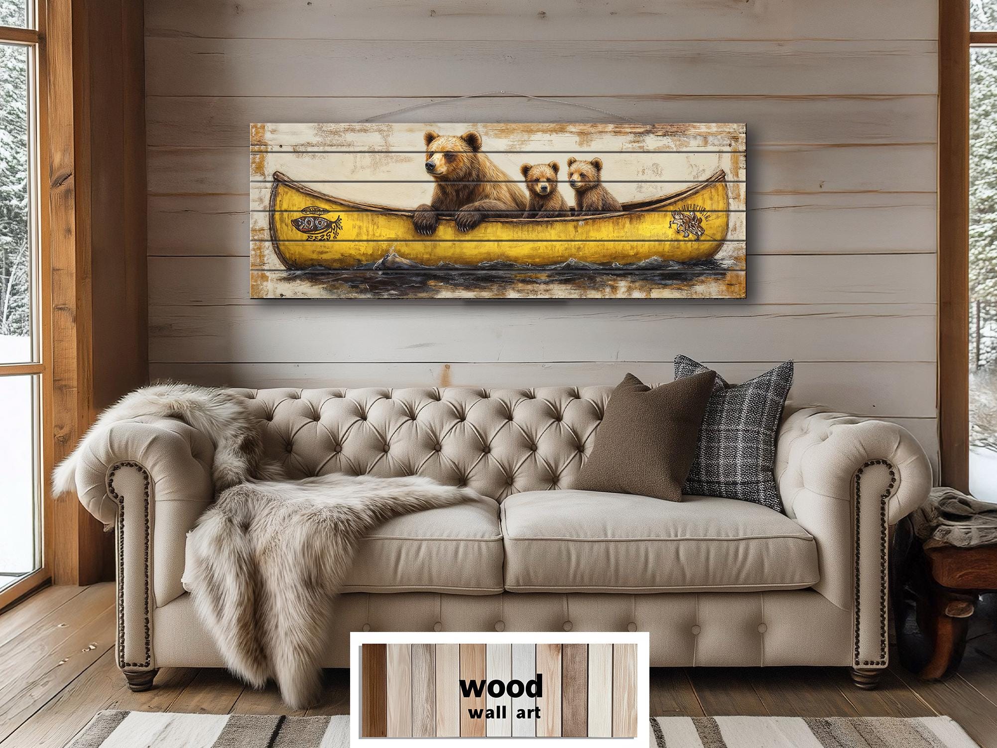 Mama Bear and Cubs in a Yellow Canoe Large Horizontal Wood Wall Art