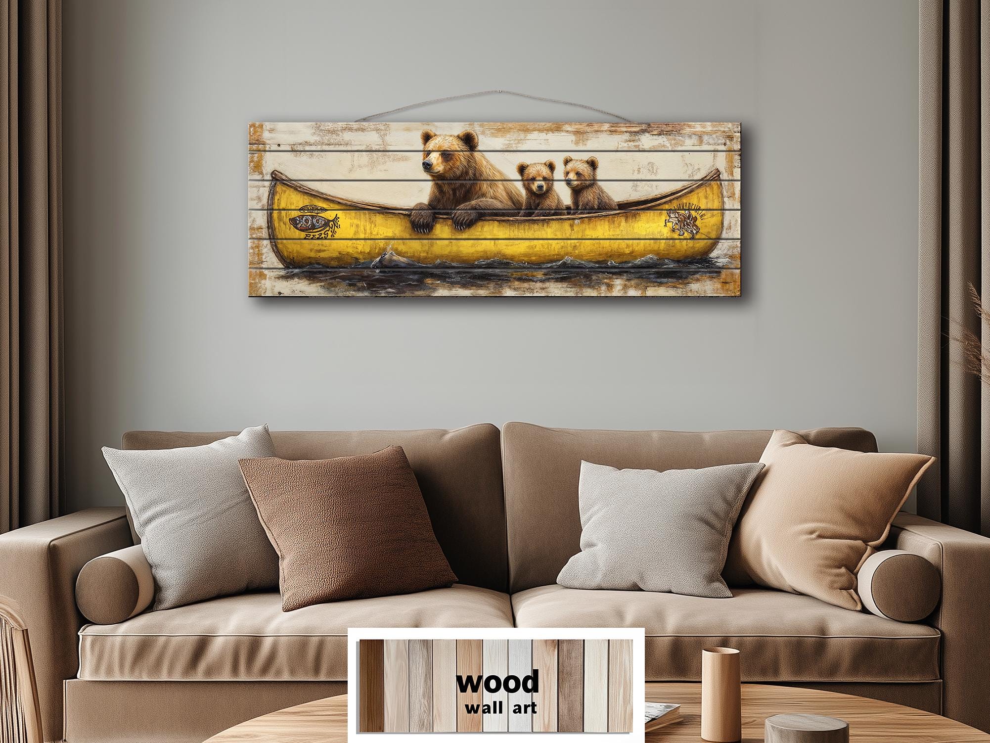 Mama Bear and Cubs in a Yellow Canoe Large Horizontal Wood Wall Art