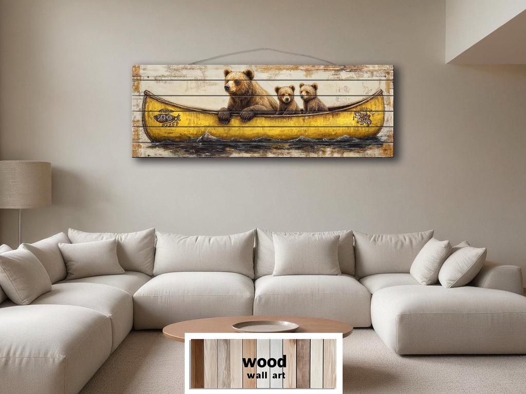 Mama Bear and Cubs in a Yellow Canoe Large Horizontal Wood Wall Art