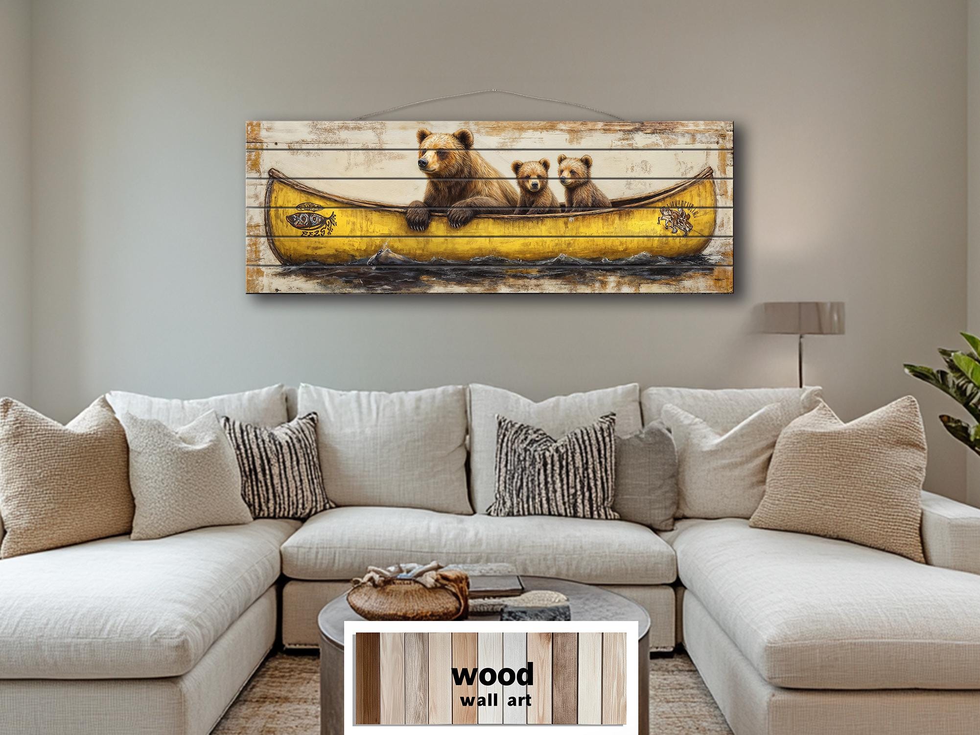 Mama Bear and Cubs in a Yellow Canoe Large Horizontal Wood Wall Art