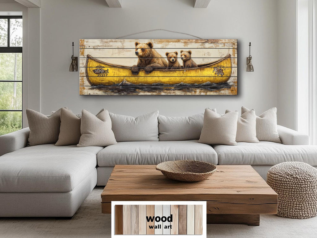 Mama Bear and Cubs in a Yellow Canoe Large Horizontal Wood Wall Art