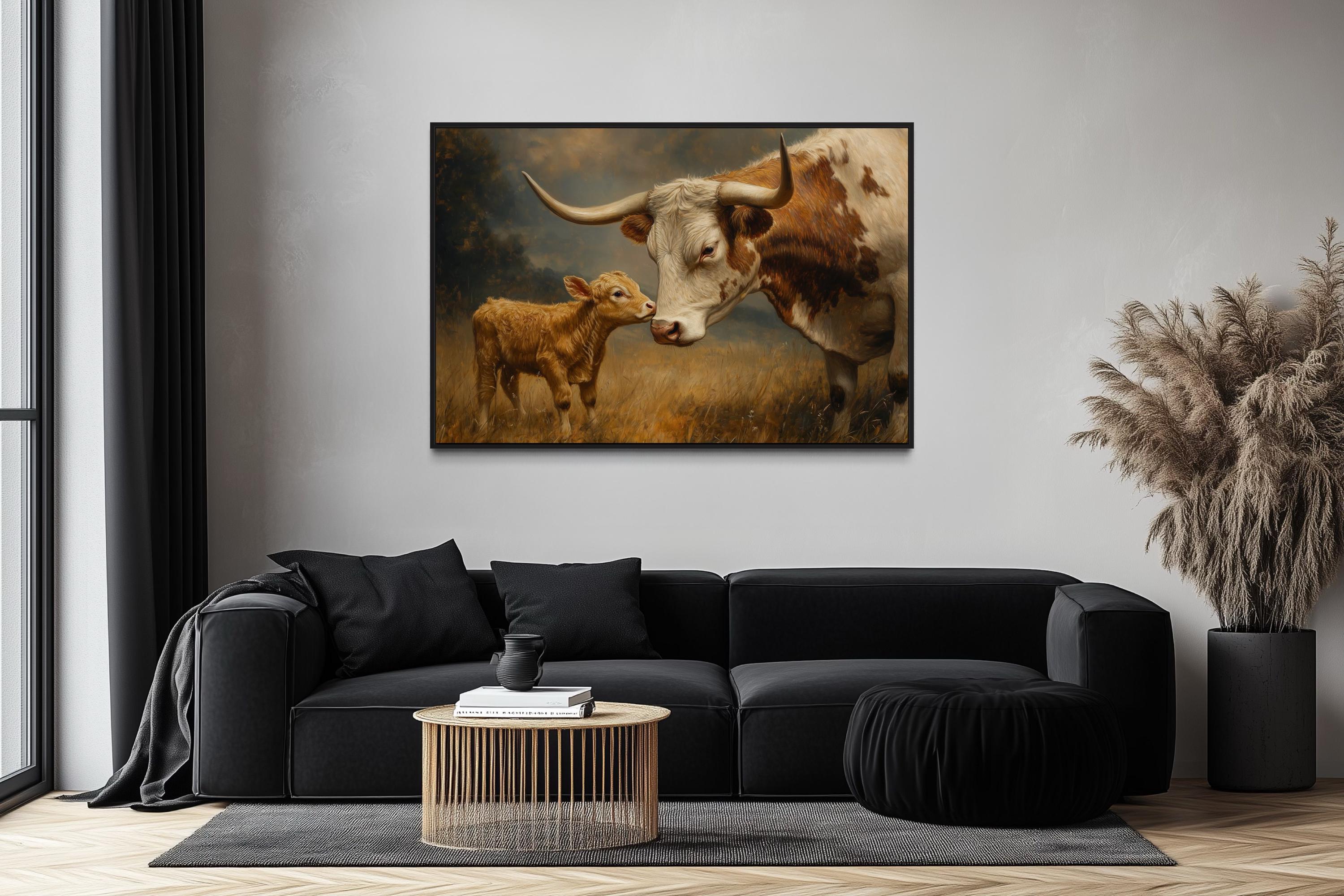 Mama Longhorn Cow And Calf Canvas Wall Art