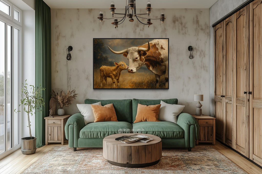 Mama Longhorn Cow And Calf Canvas Wall Art