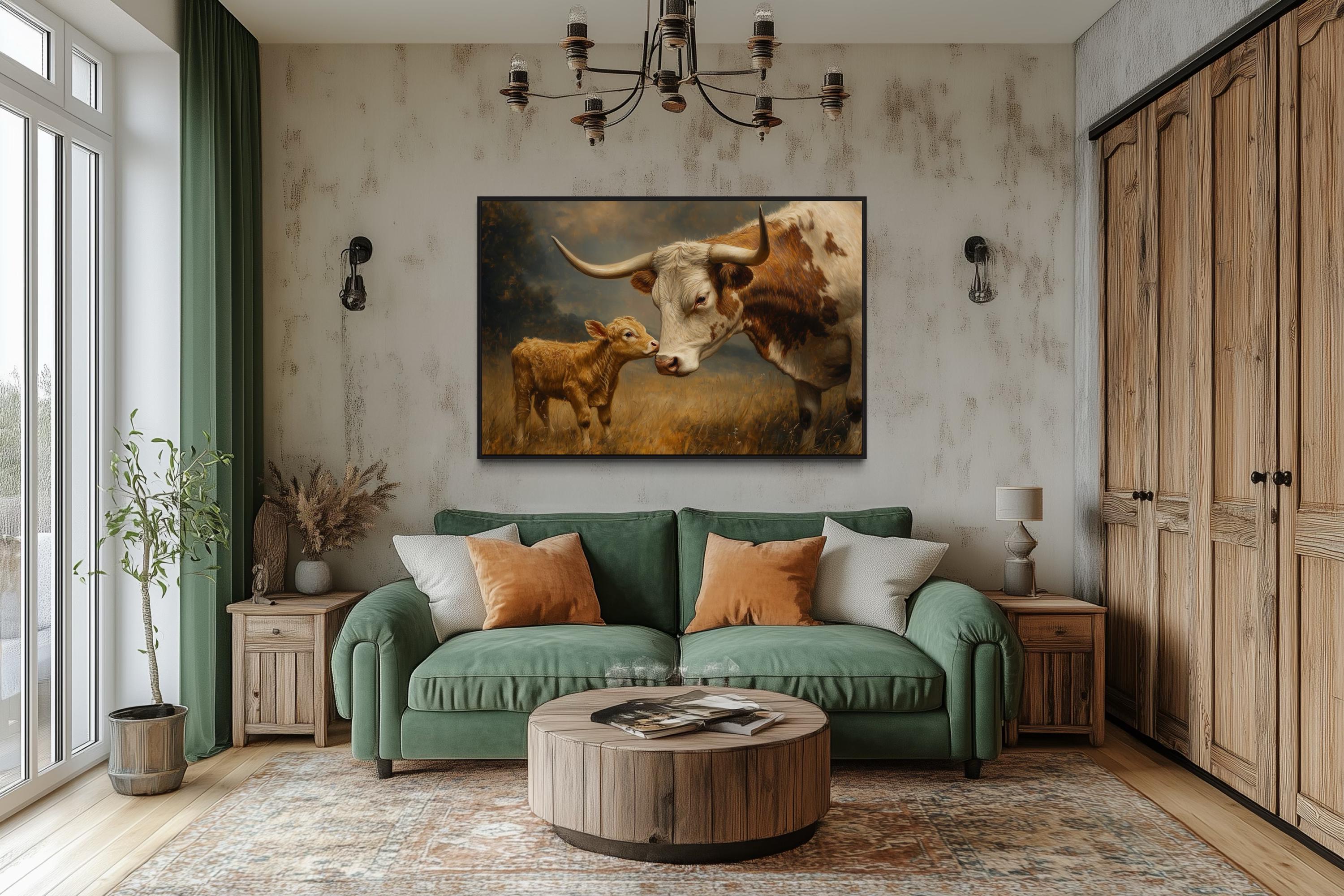 Mama Longhorn Cow And Calf Canvas Wall Art