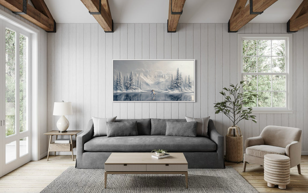 Man And Woman Skating On Frozen Lake Winter Framed Canvas Wall Art