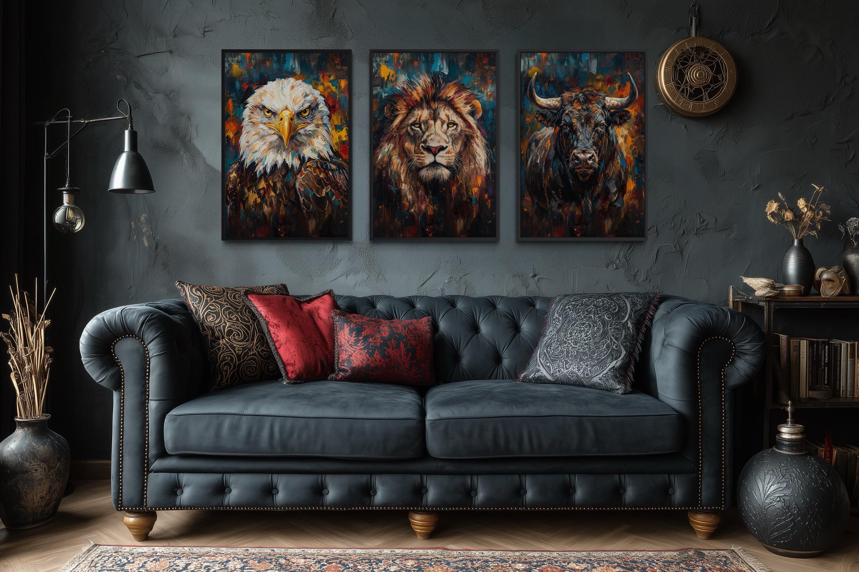 Man Cave Wall Art Set of 3 – Eagle, Lion, and Bull Canvas Prints