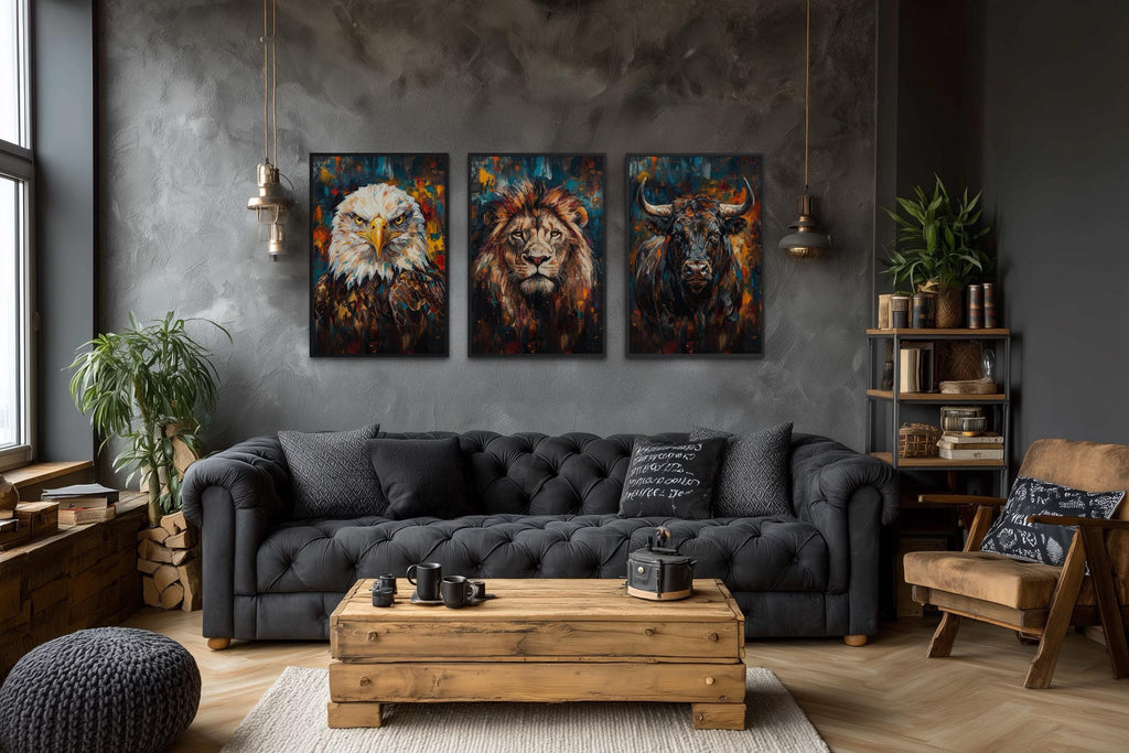 Man Cave Wall Art Set of 3 – Eagle, Lion, and Bull Canvas Prints