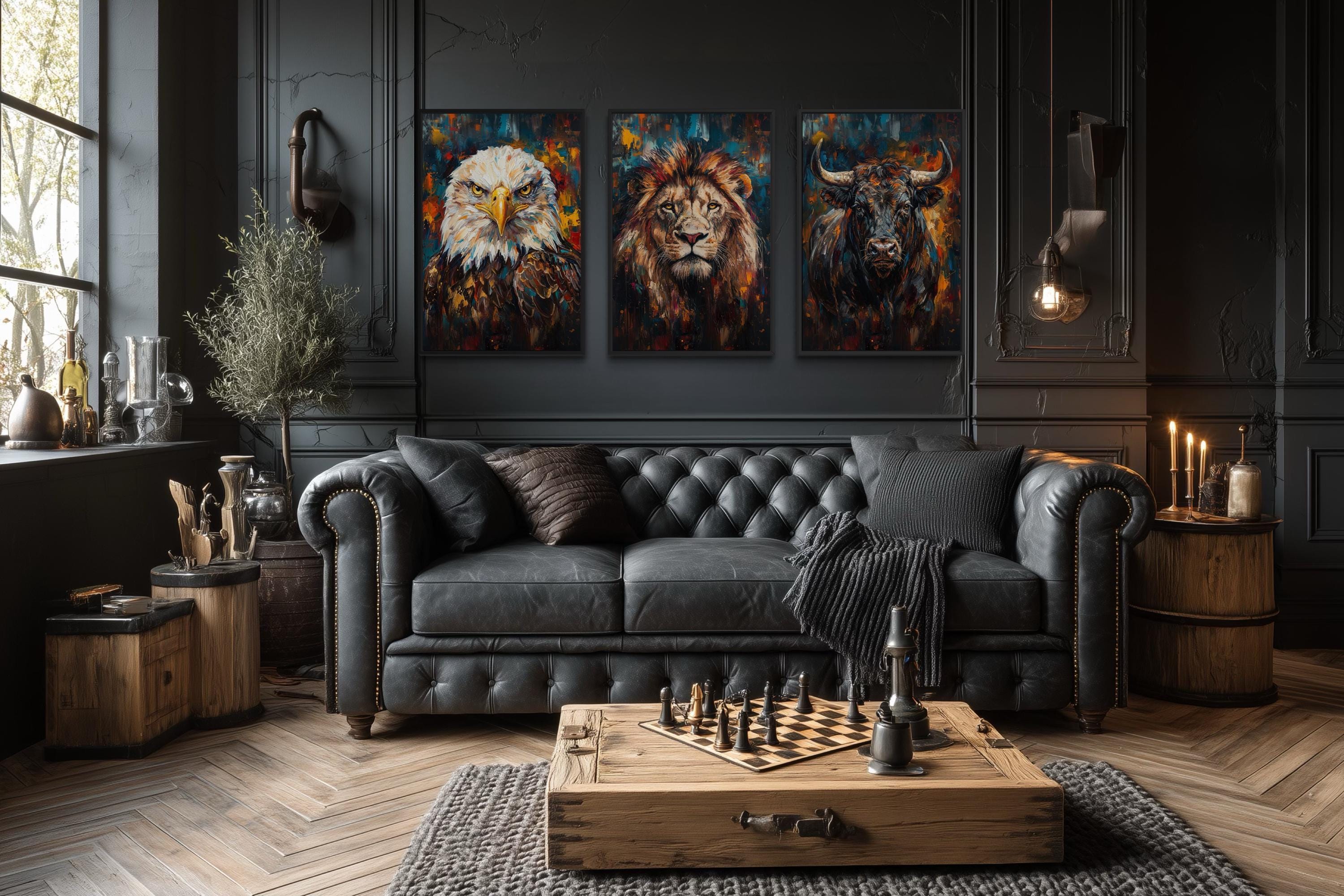 Man Cave Wall Art Set of 3 – Eagle, Lion, and Bull Canvas Prints