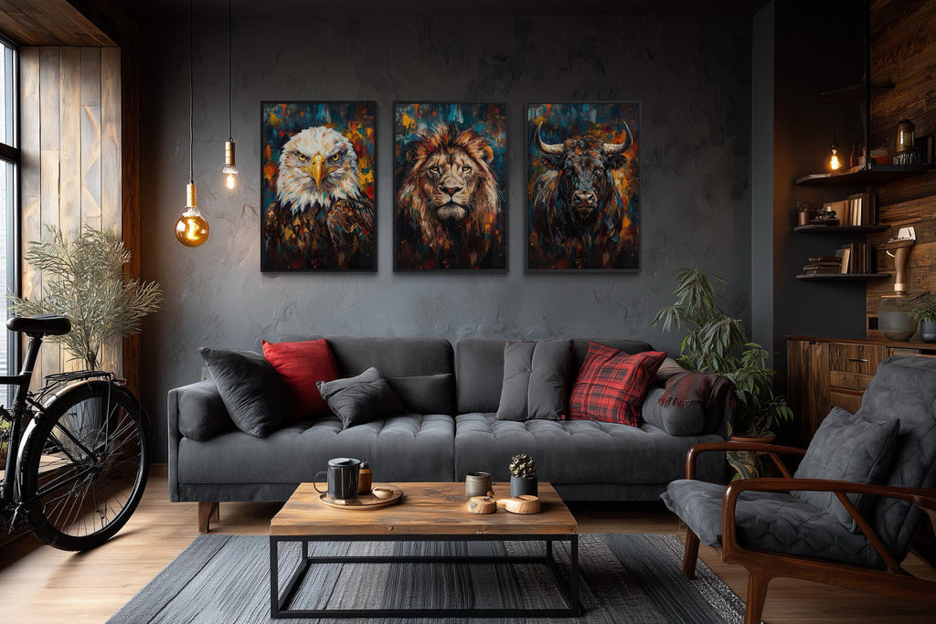 Man Cave Wall Art Set of 3 – Eagle, Lion, and Bull Canvas Prints