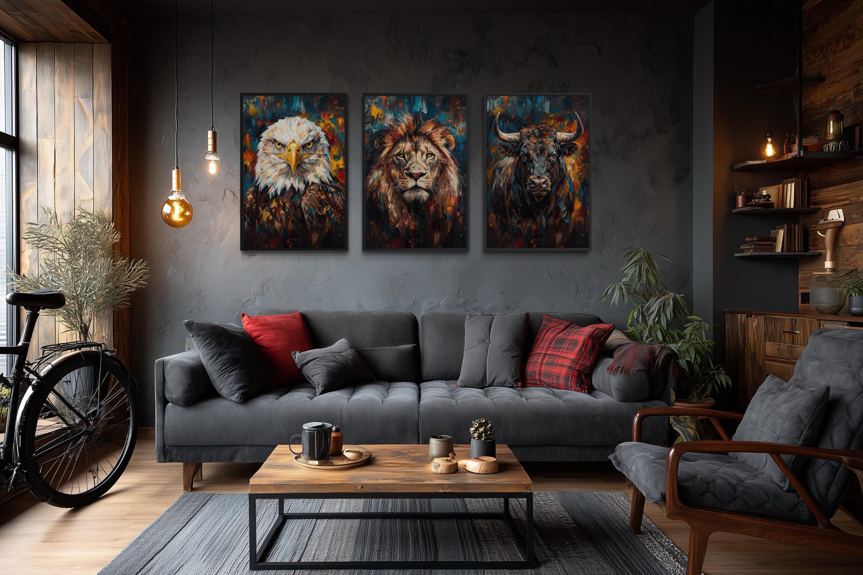 Man Cave Wall Art Set of 3 – Eagle, Lion, and Bull Canvas Prints