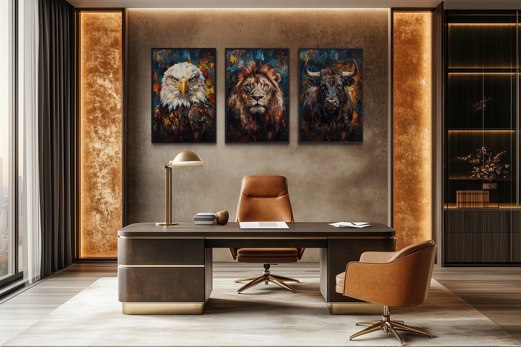 Man Cave Wall Art Set of 3 – Eagle, Lion, and Bull Canvas Prints