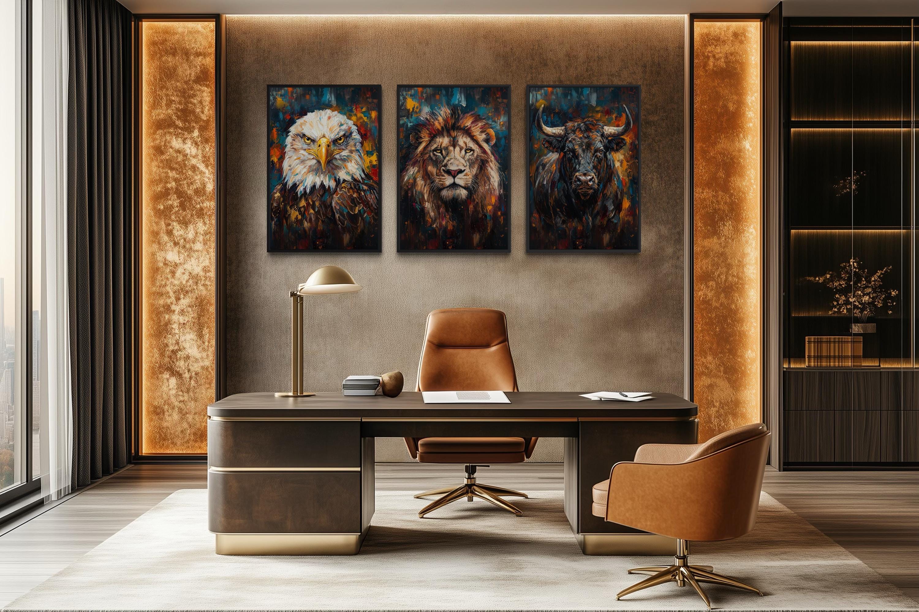 Man Cave Wall Art Set of 3 – Eagle, Lion, and Bull Canvas Prints