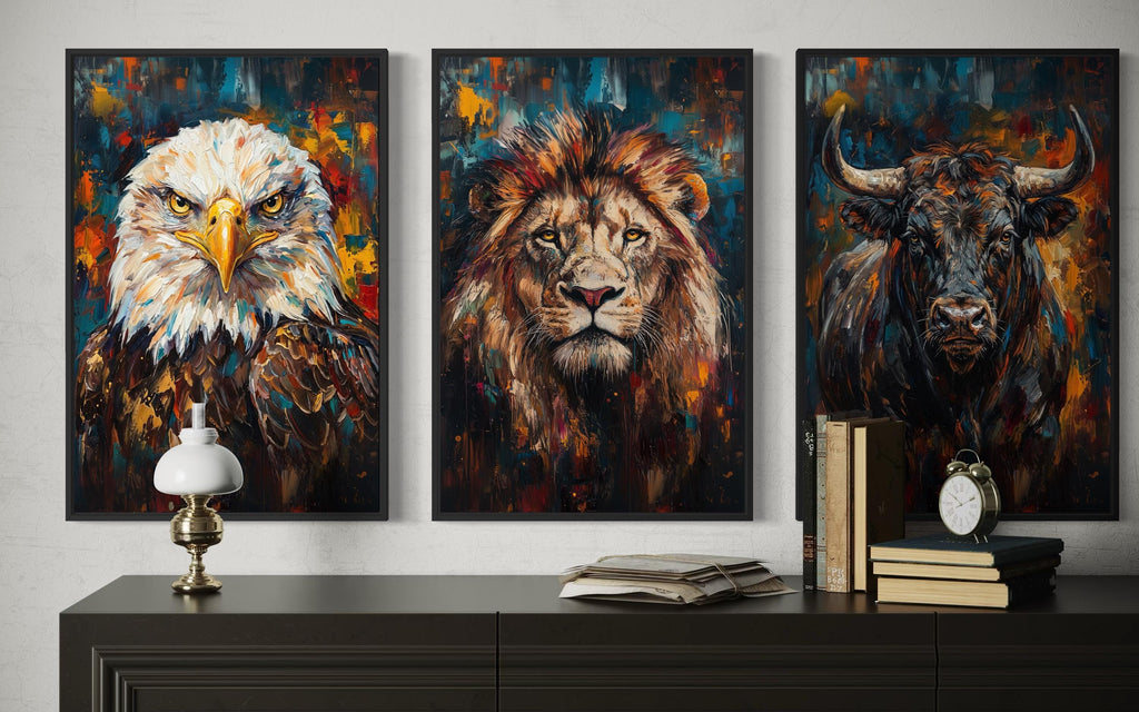 Man Cave Wall Art Set of 3 – Eagle, Lion, and Bull Canvas Prints