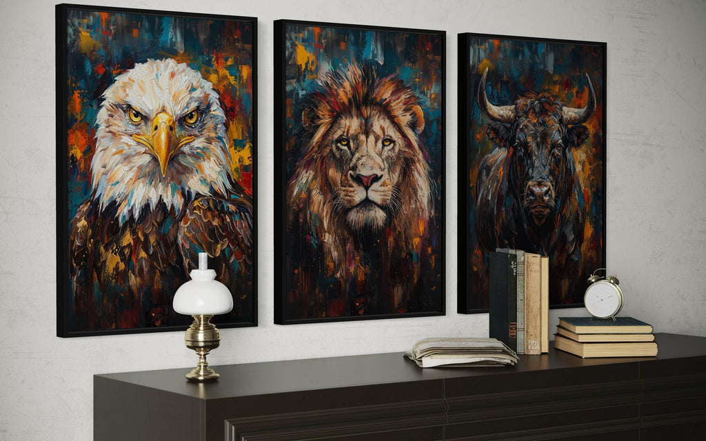 Man Cave Wall Art Set of 3 – Eagle, Lion, and Bull Canvas Prints