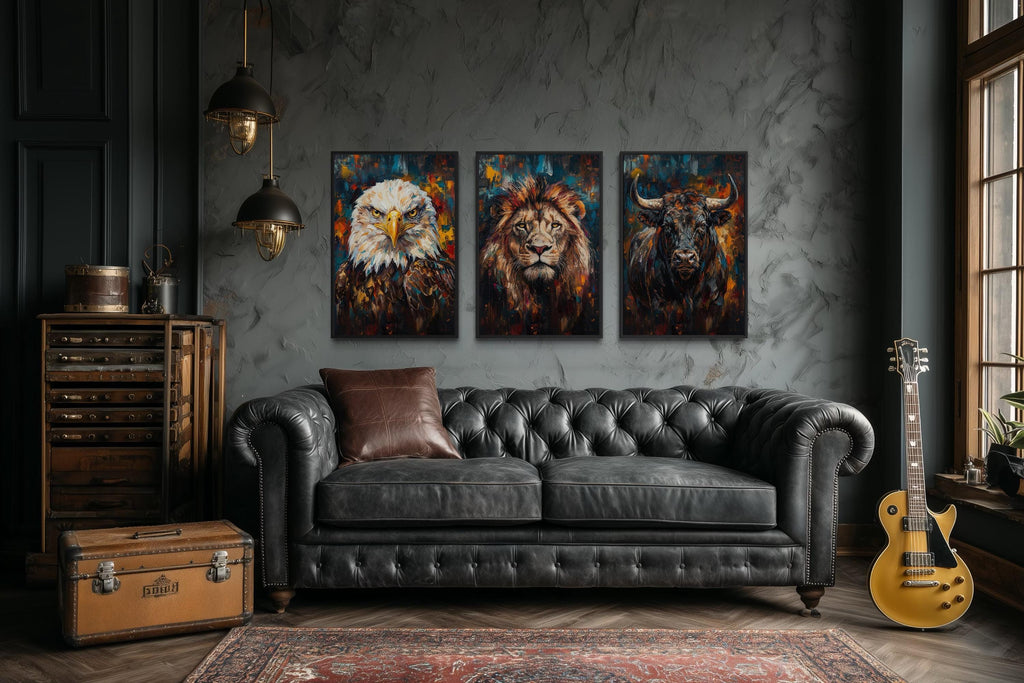 Man Cave Wall Art Set of 3 – Eagle, Lion, and Bull Canvas Prints
