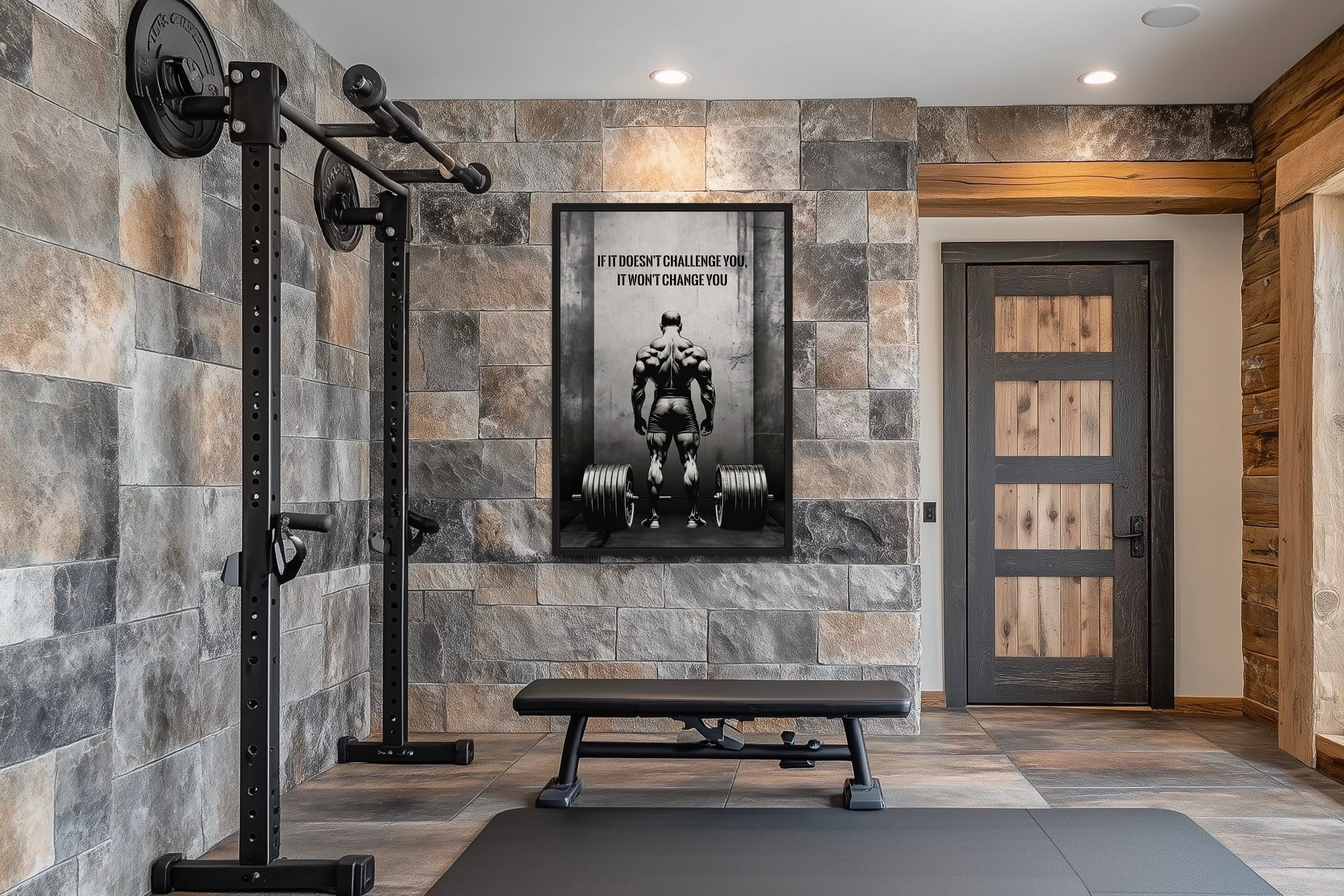 Man With Barbell Motivational Fitness Framed Canvas Wall Art