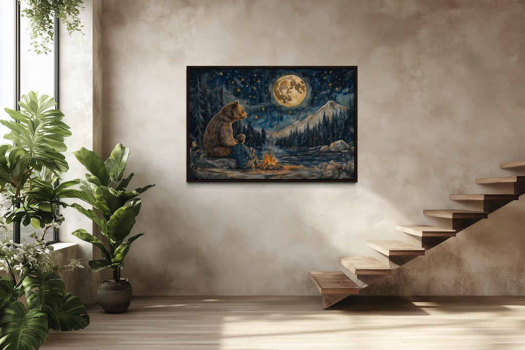 Man and Bear by Campfire Under Moonlight Camping Wall Art