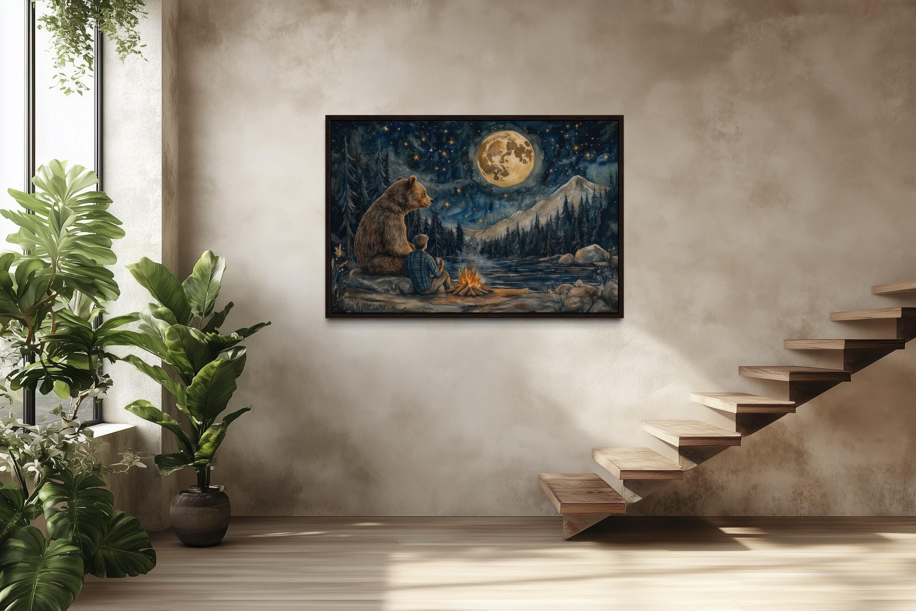 Man and Bear by Campfire Under Moonlight Camping Wall Art