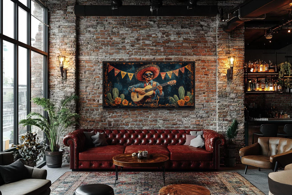 Mariachi Musician In Desert Mexican Framed Canvas Wall Art