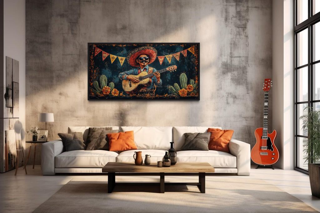 Mariachi Musician In Desert Mexican Framed Canvas Wall Art