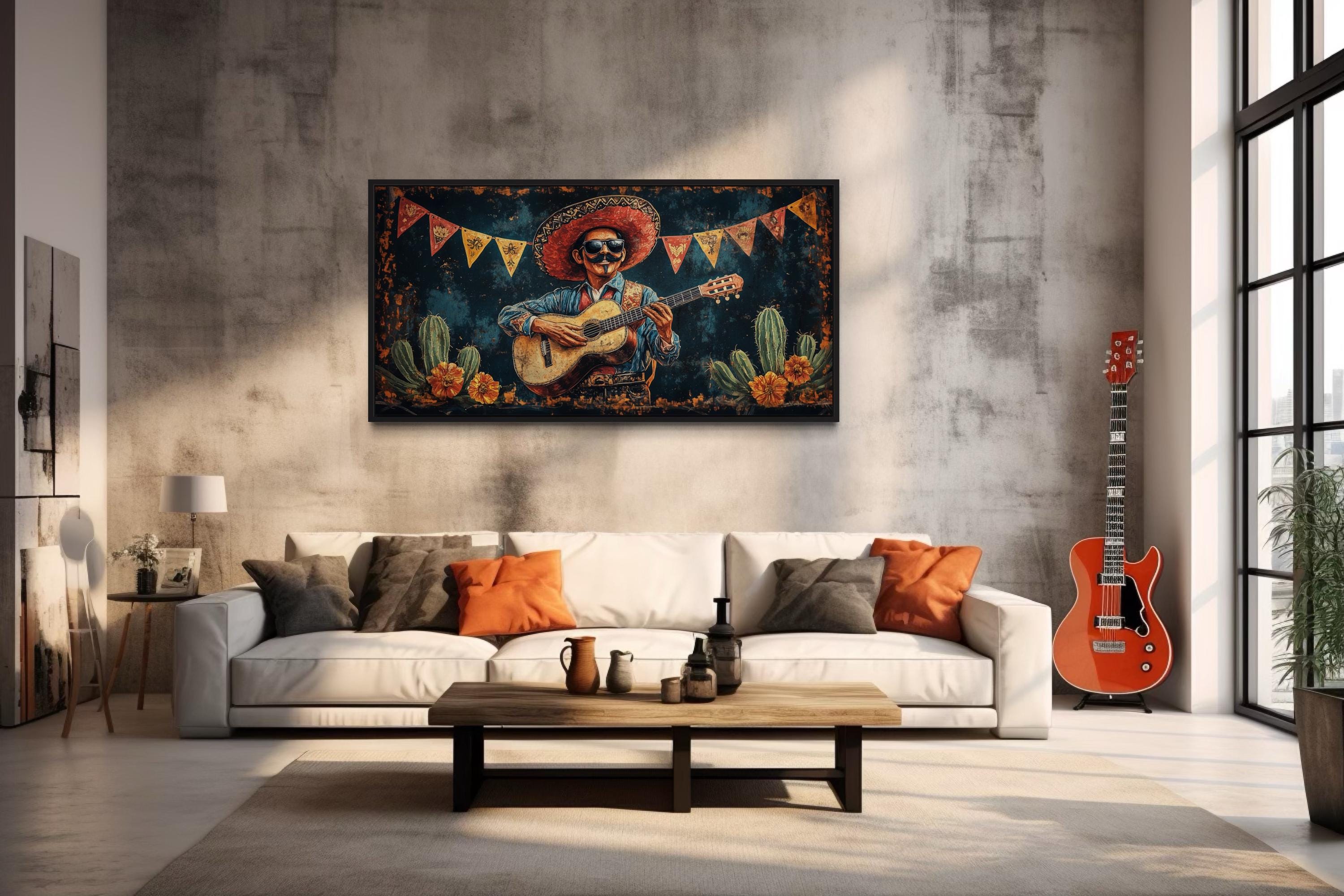 Mariachi Musician In Desert Mexican Framed Canvas Wall Art