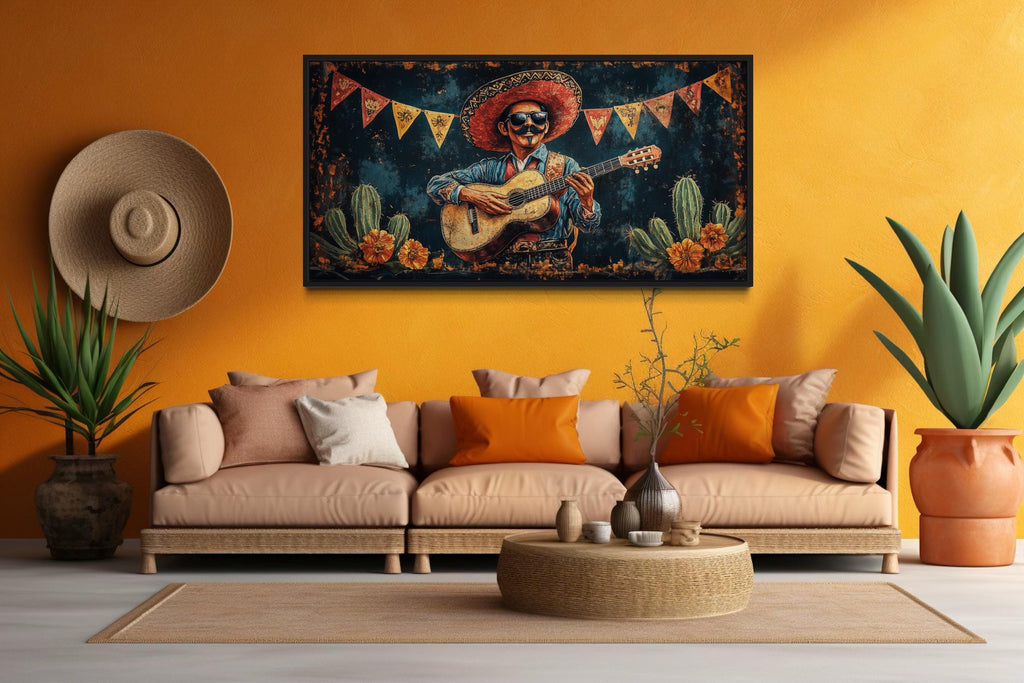 Mariachi Musician In Desert Mexican Framed Canvas Wall Art