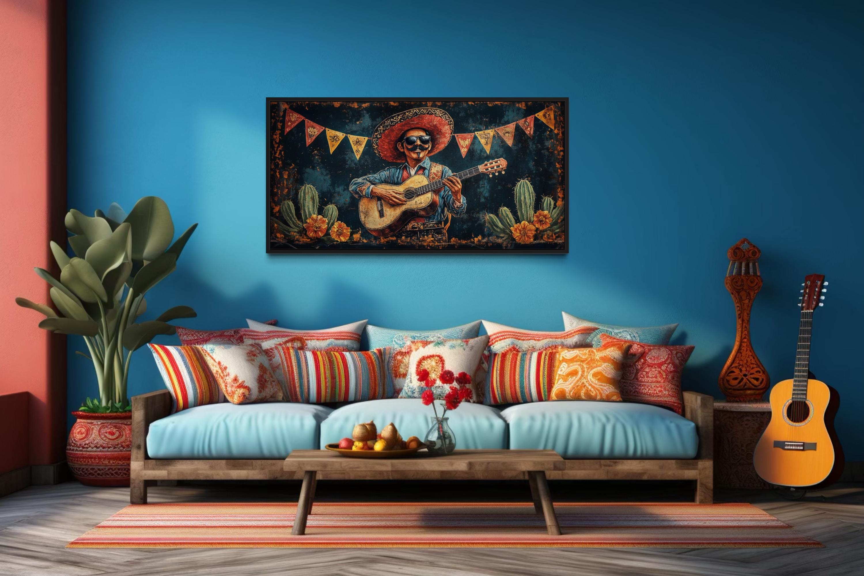 Mariachi Musician In Desert Mexican Framed Canvas Wall Art