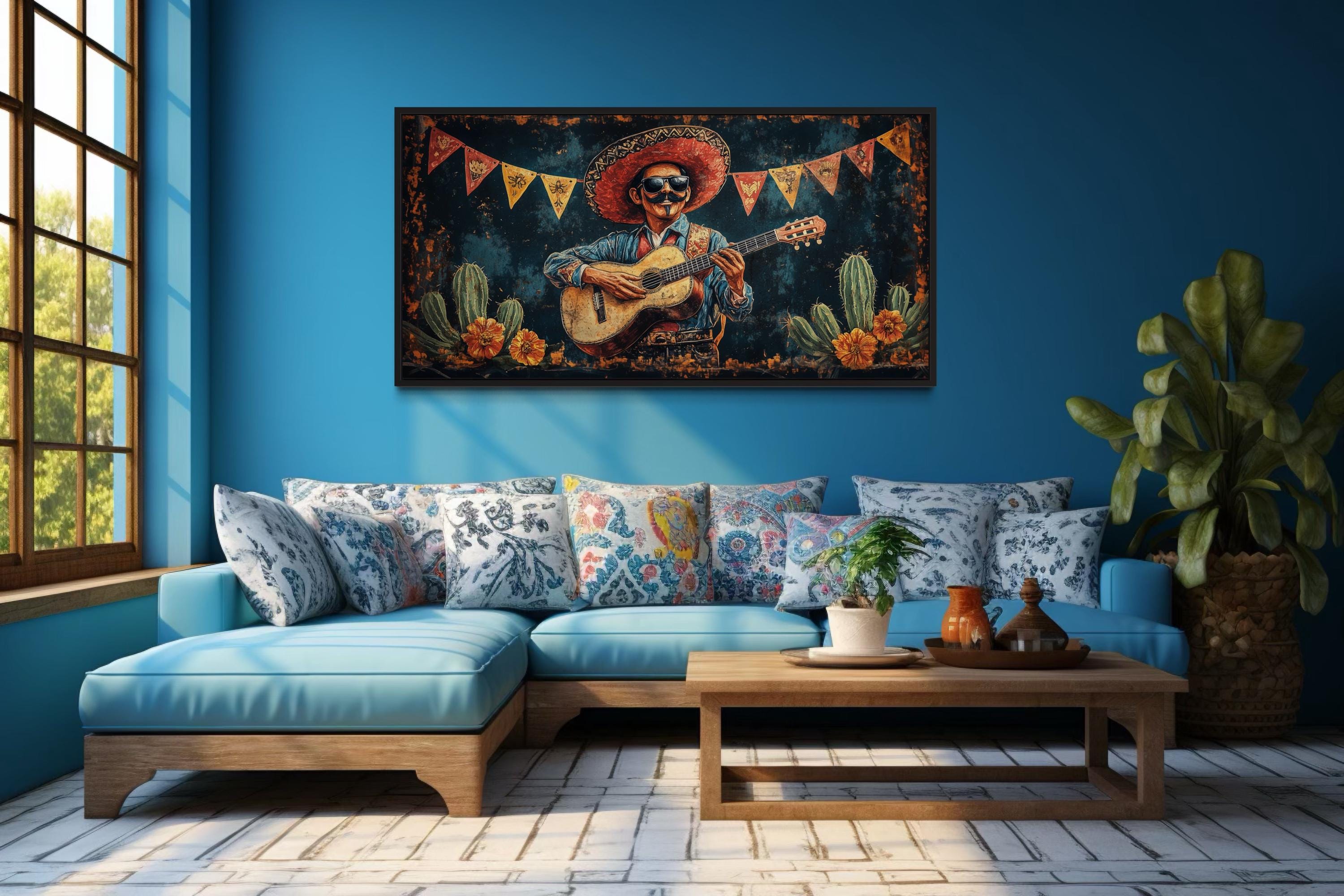 Mariachi Musician In Desert Mexican Framed Canvas Wall Art