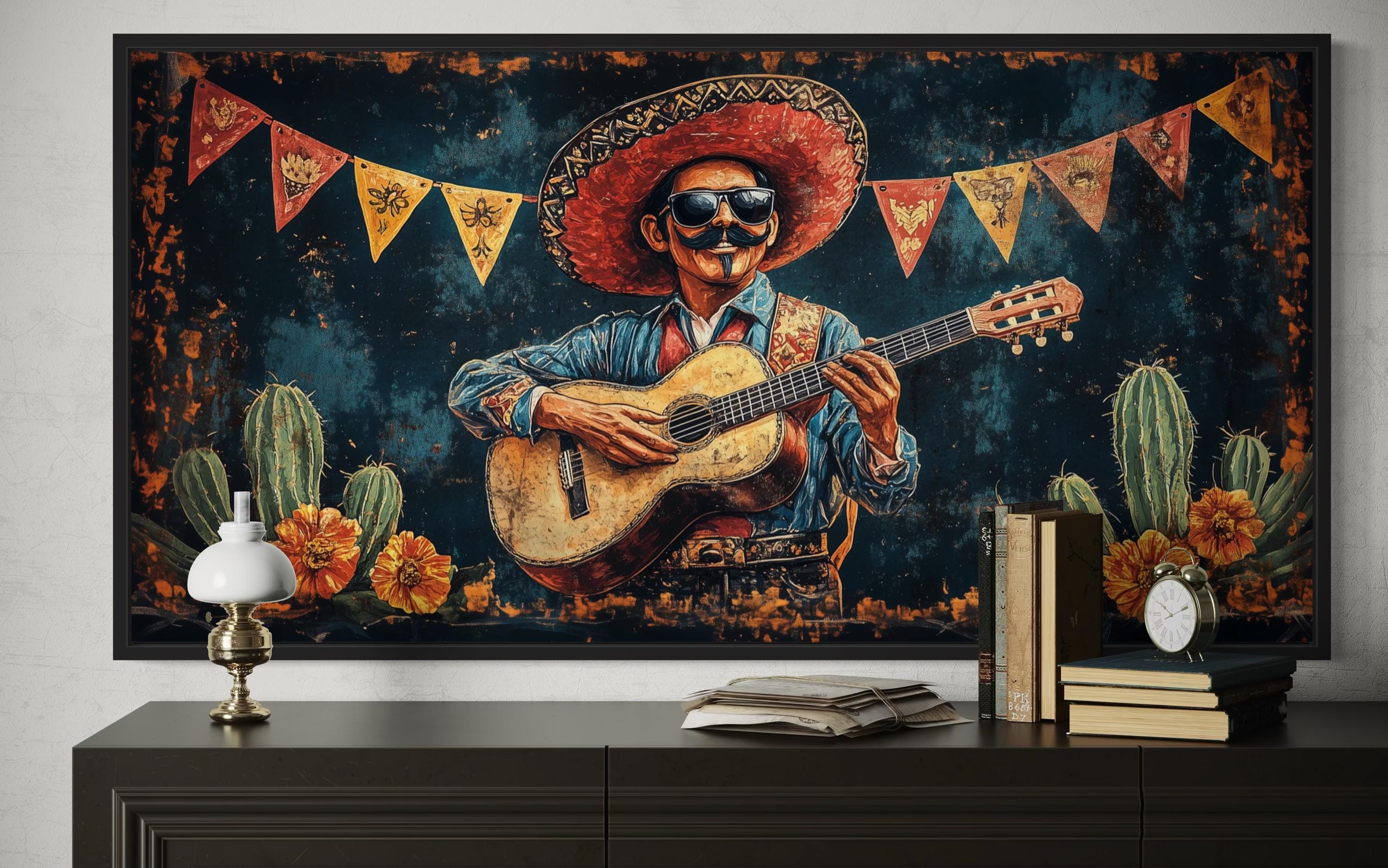 Mariachi Musician In Desert Mexican Framed Canvas Wall Art