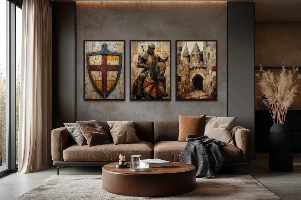 Medieval Wall Art For Men Set of 3 – Knight on Horse, Castle, and Shield