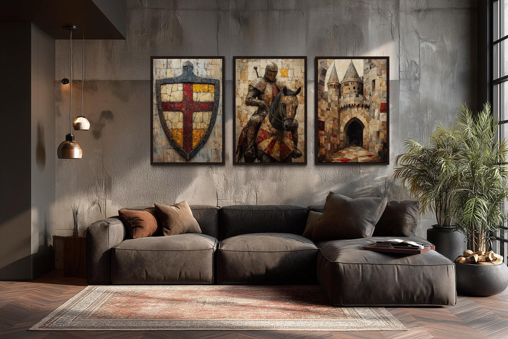 Medieval Wall Art For Men Set of 3 – Knight on Horse, Castle, and Shield