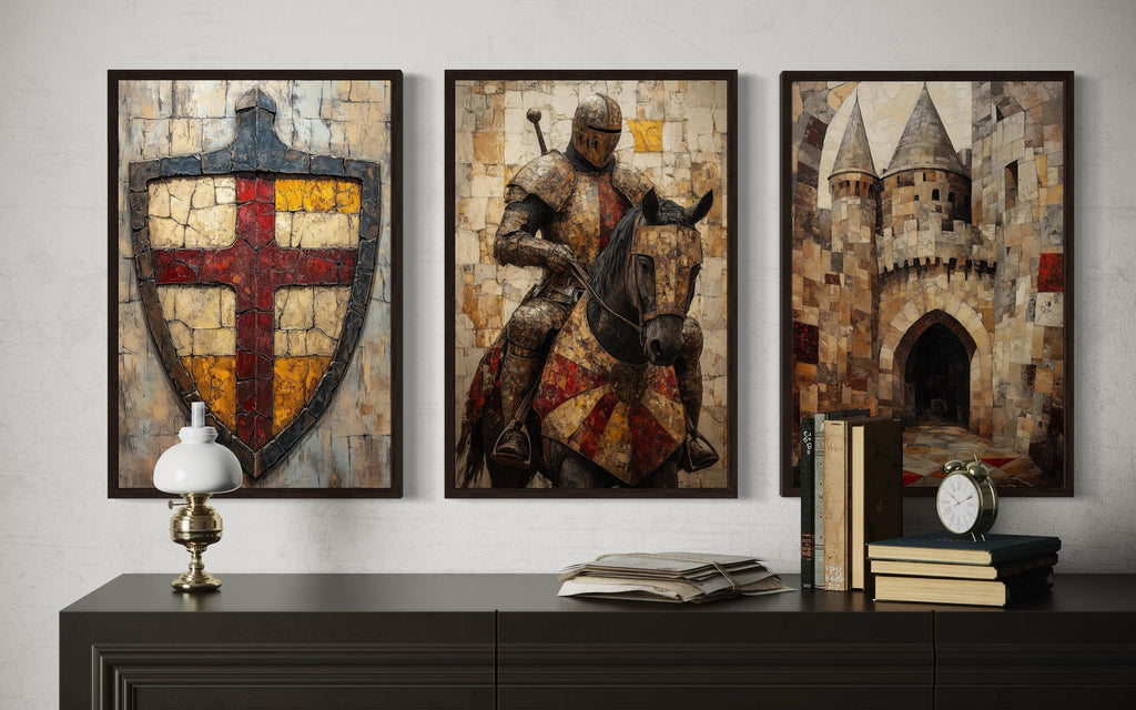 Medieval Wall Art For Men Set of 3 – Knight on Horse, Castle, and Shield