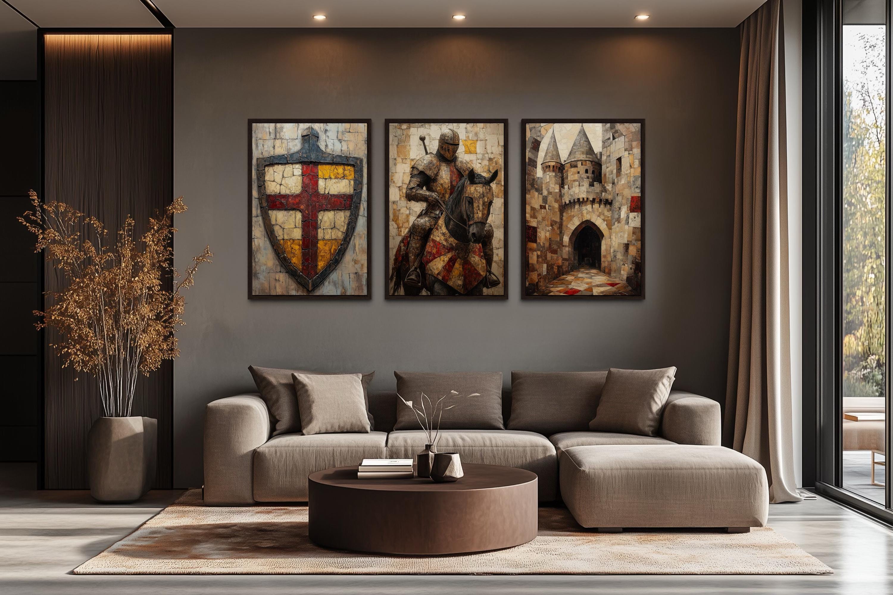 Medieval Wall Art For Men Set of 3 – Knight on Horse, Castle, and Shield