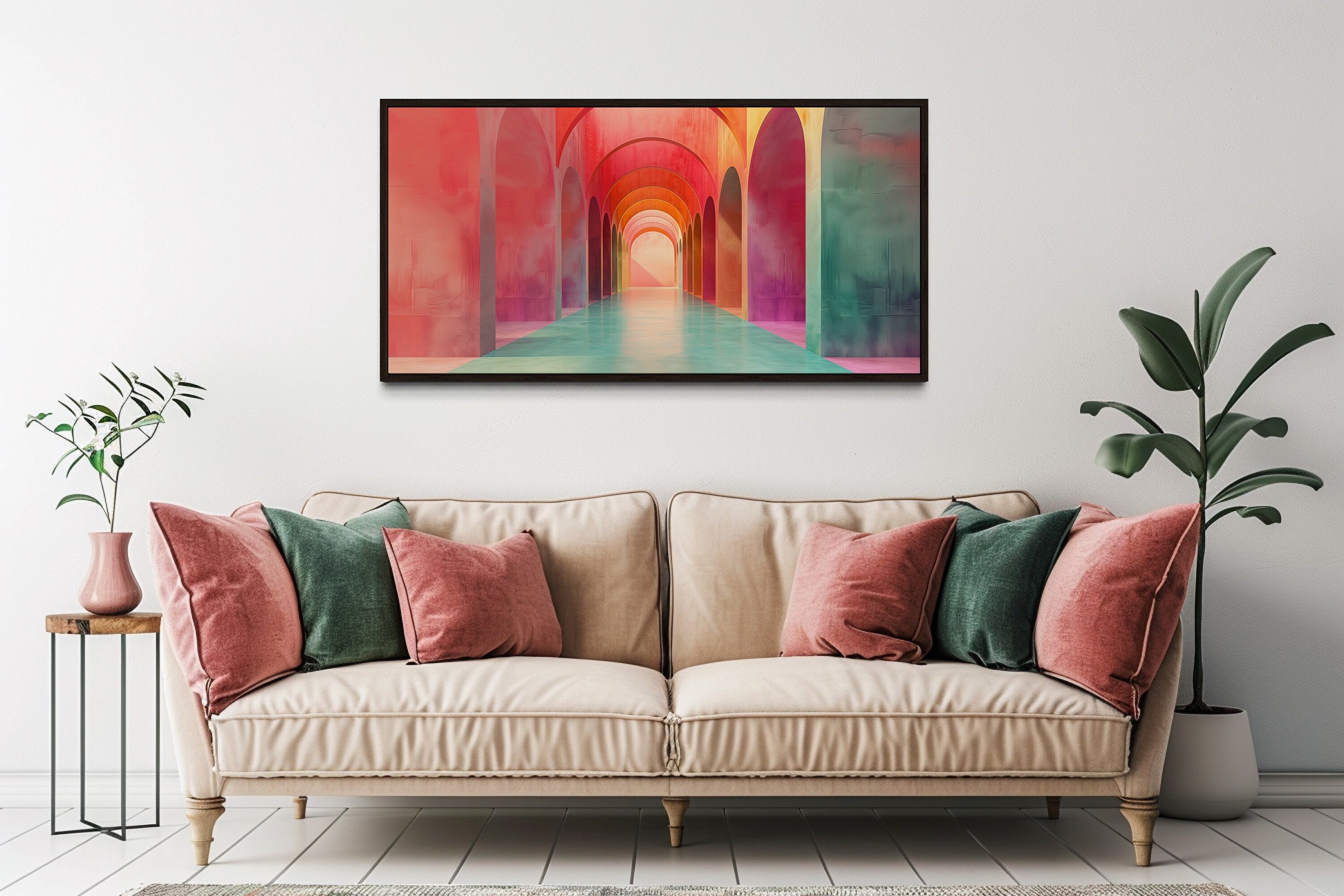 Mediterranean Archways Wall Art - Elegant Green Pink Canvas Bohemian Style Decor