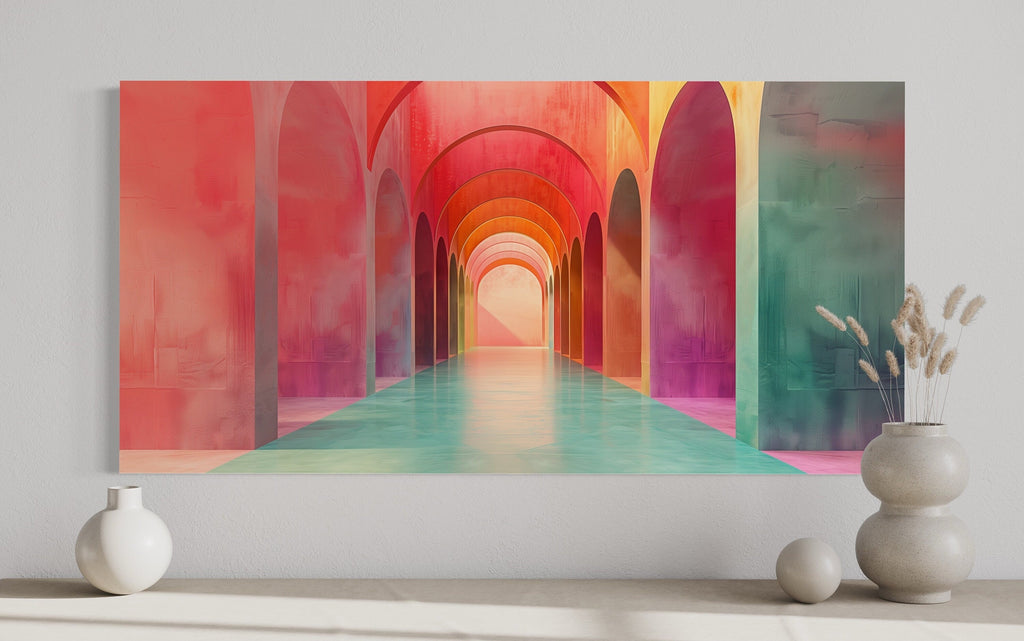 Mediterranean Archways Wall Art - Elegant Green Pink Canvas Bohemian Style Decor