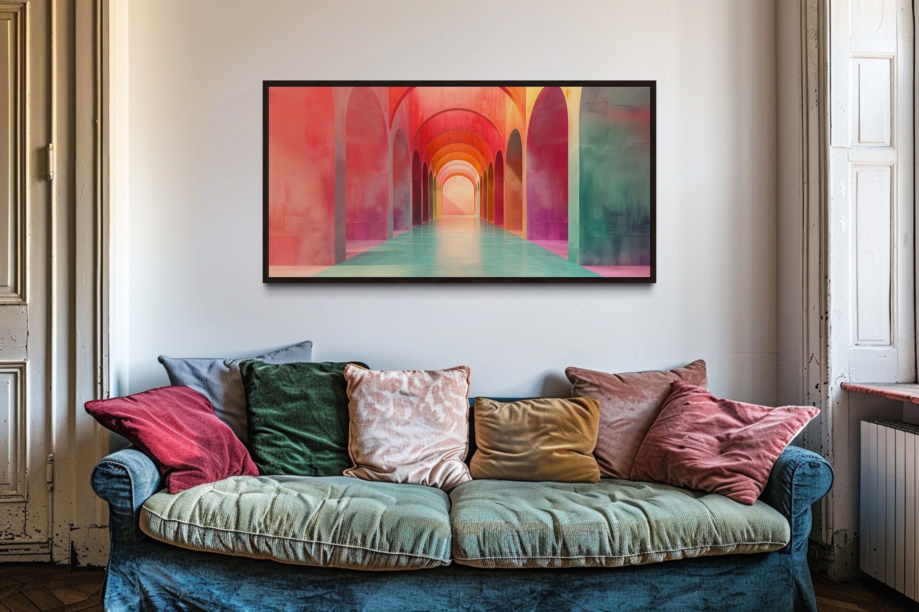 Mediterranean Archways Wall Art - Elegant Green Pink Canvas Bohemian Style Decor