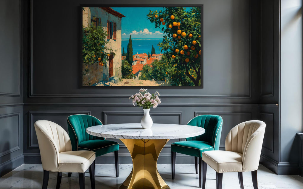 Mediterranean Village with Orange Trees Canvas Wall Art, Dining Room Decor