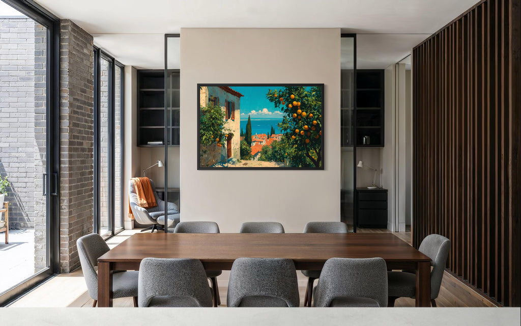 Mediterranean Village with Orange Trees Canvas Wall Art, Dining Room Decor