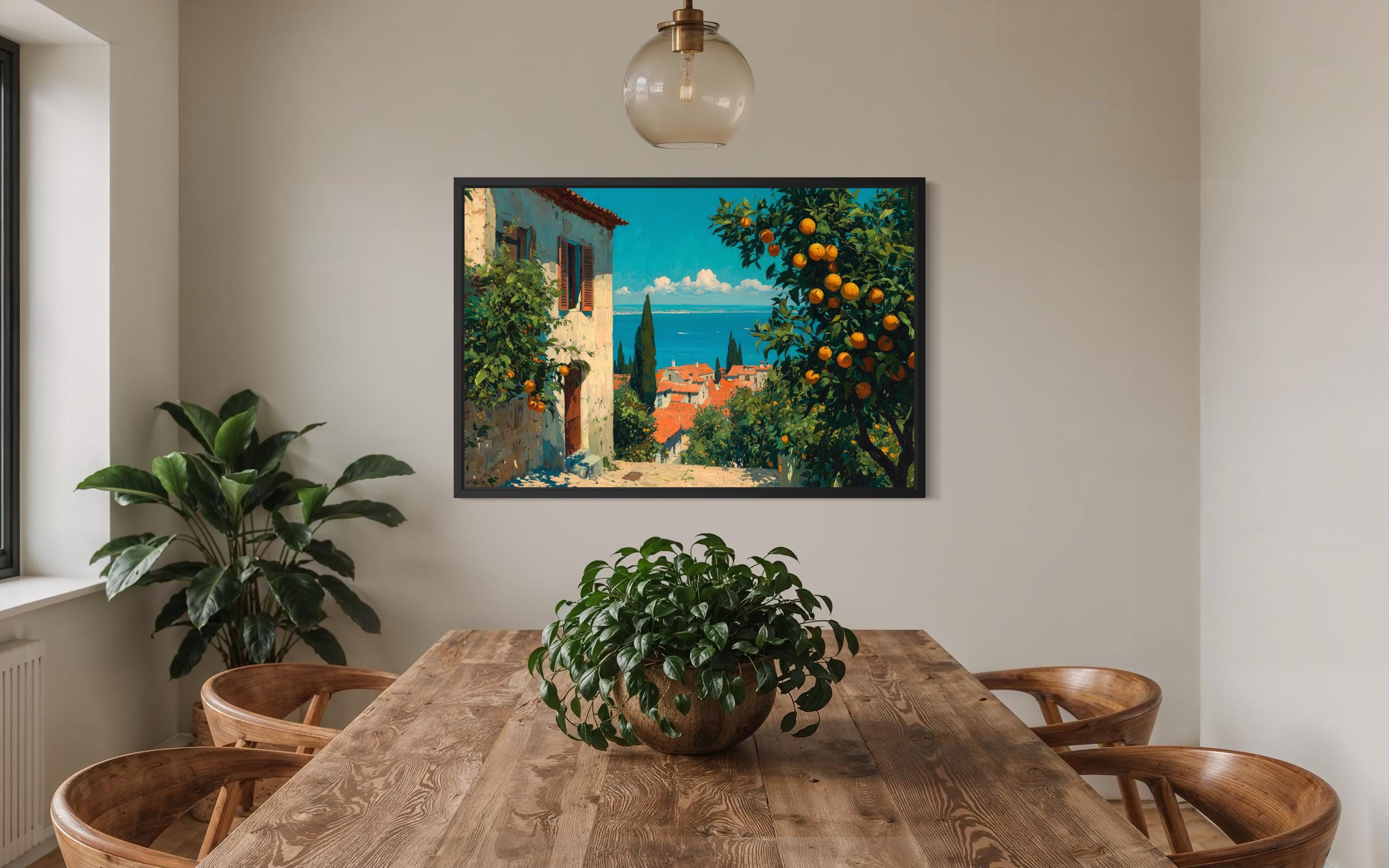 Mediterranean Village with Orange Trees Canvas Wall Art, Dining Room Decor