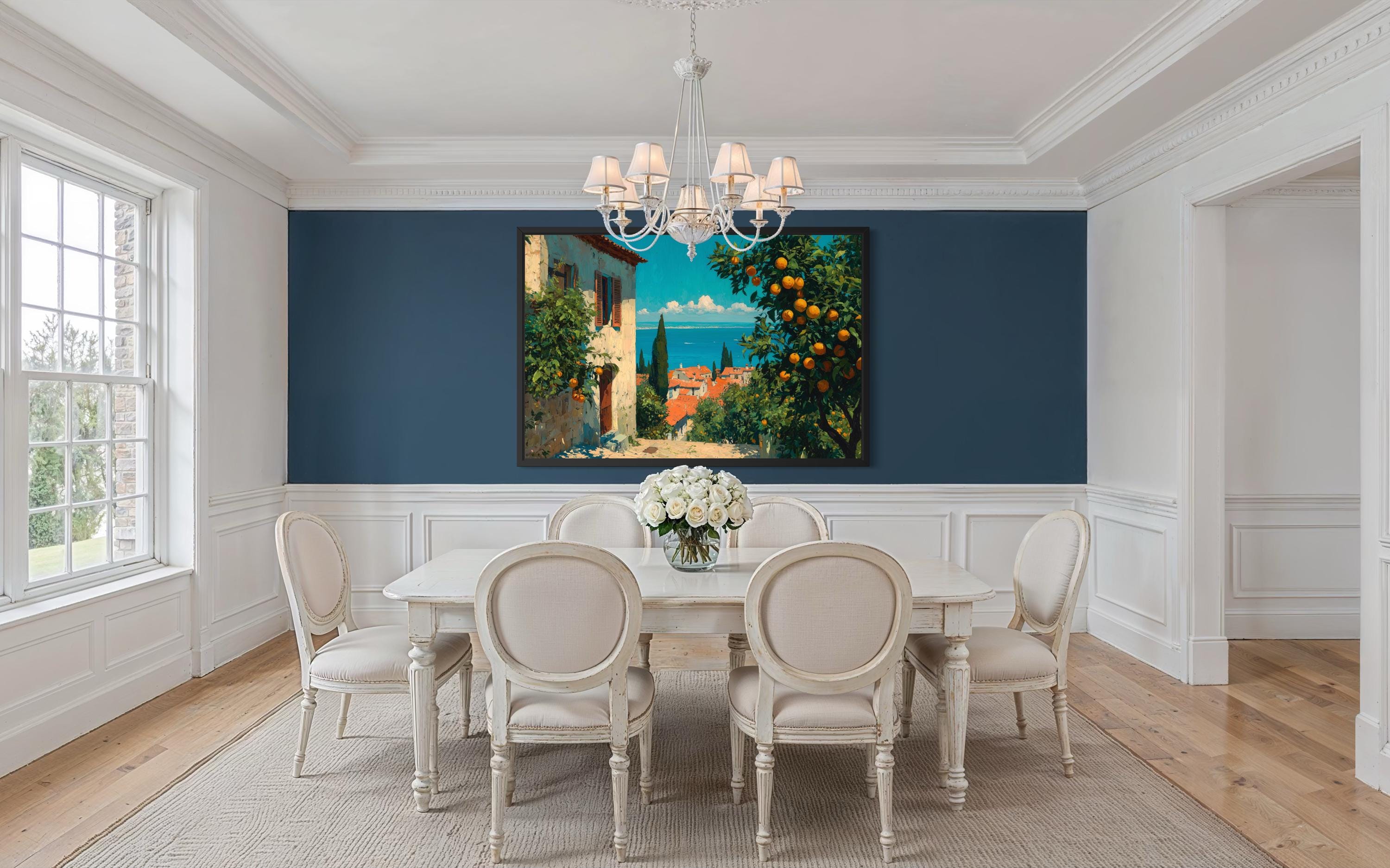 Mediterranean Village with Orange Trees Canvas Wall Art, Dining Room Decor