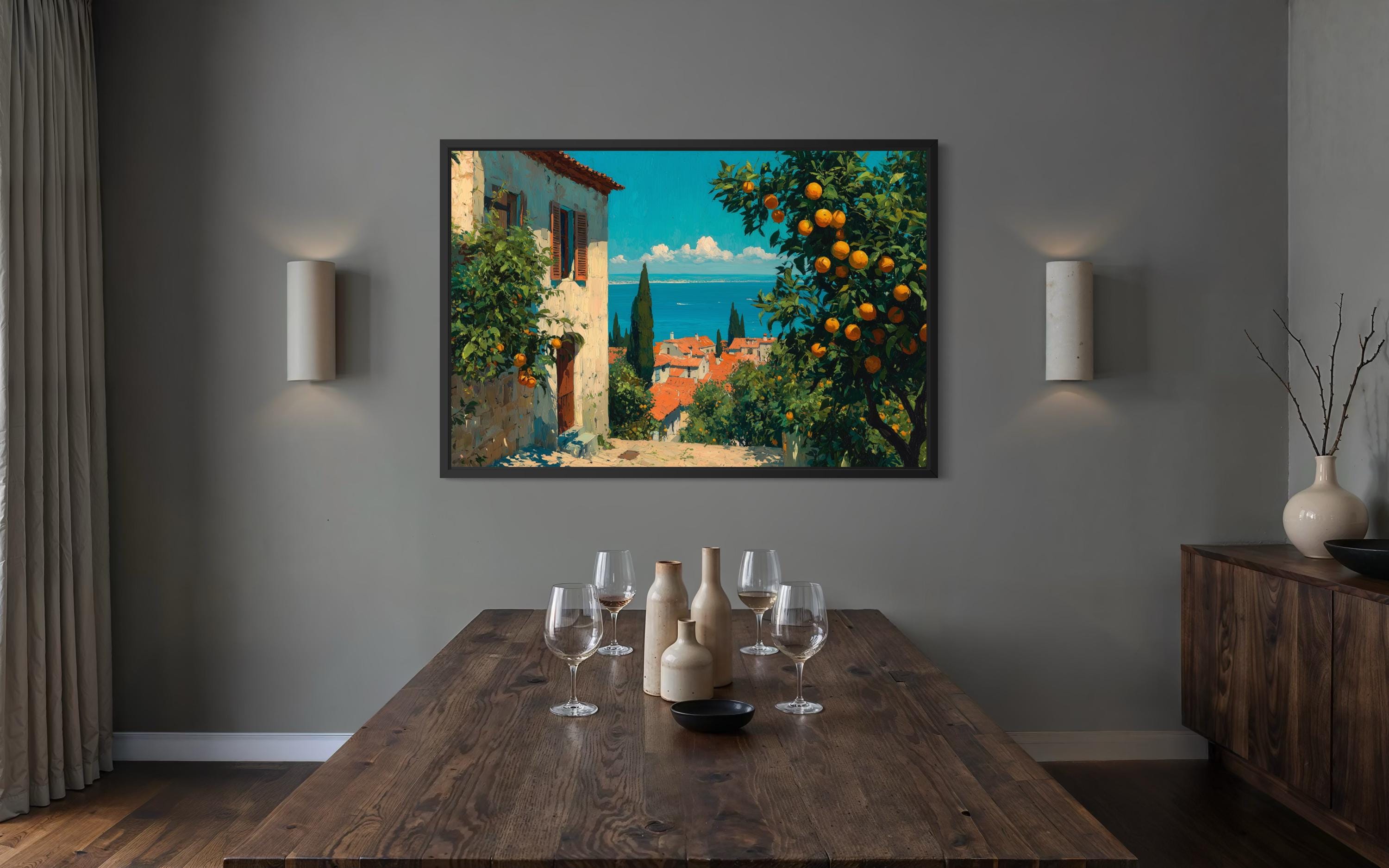 Mediterranean Village with Orange Trees Canvas Wall Art, Dining Room Decor