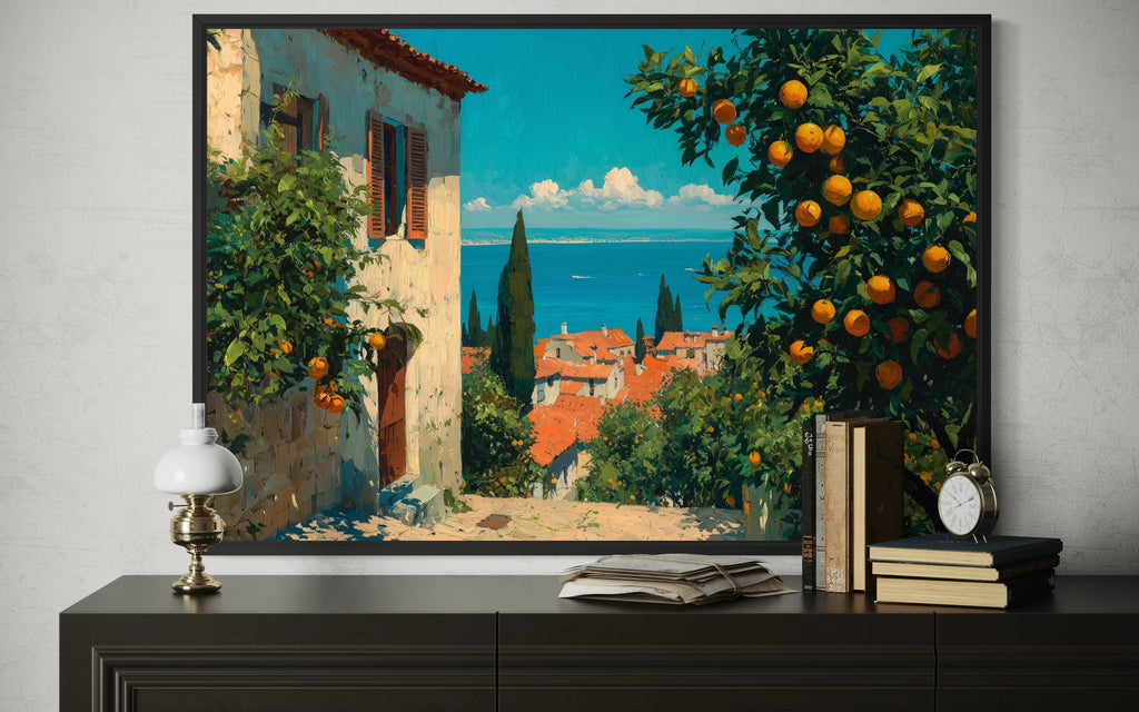 Mediterranean Village with Orange Trees Canvas Wall Art, Dining Room Decor