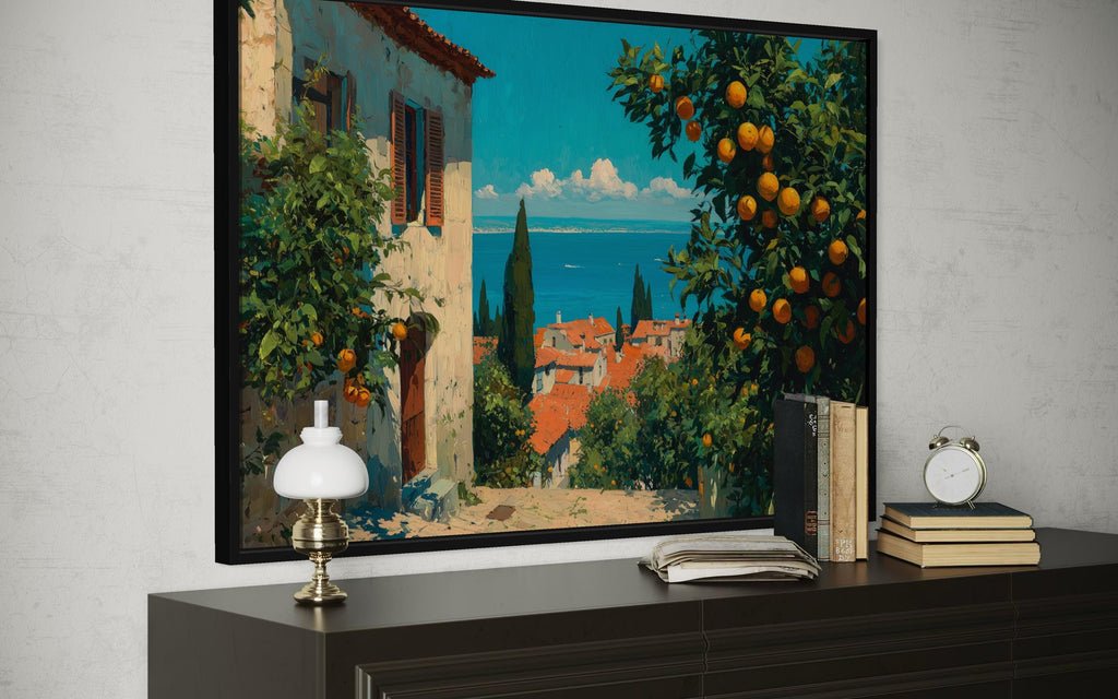Mediterranean Village with Orange Trees Canvas Wall Art, Dining Room Decor