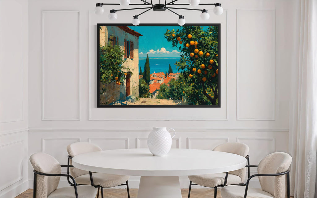 Mediterranean Village with Orange Trees Canvas Wall Art, Dining Room Decor