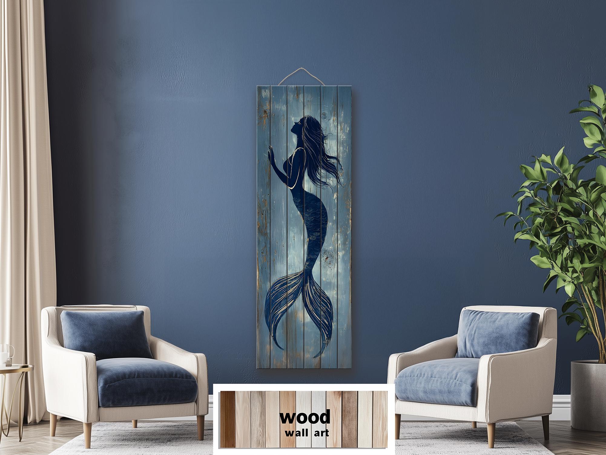 Mermaid Tall Narrow Wood Wall Art For Coastal Beach House Decor