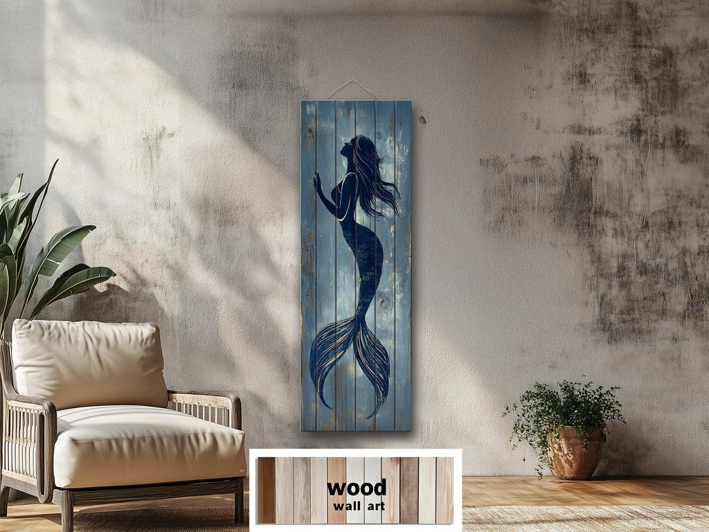 Mermaid Tall Narrow Wood Wall Art For Coastal Beach House Decor