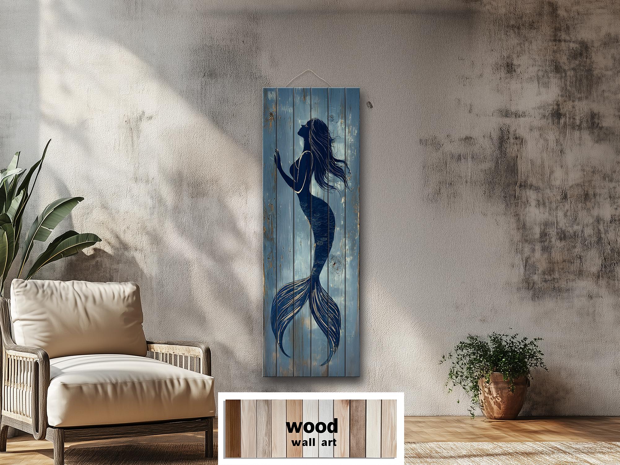 Mermaid Tall Narrow Wood Wall Art For Coastal Beach House Decor