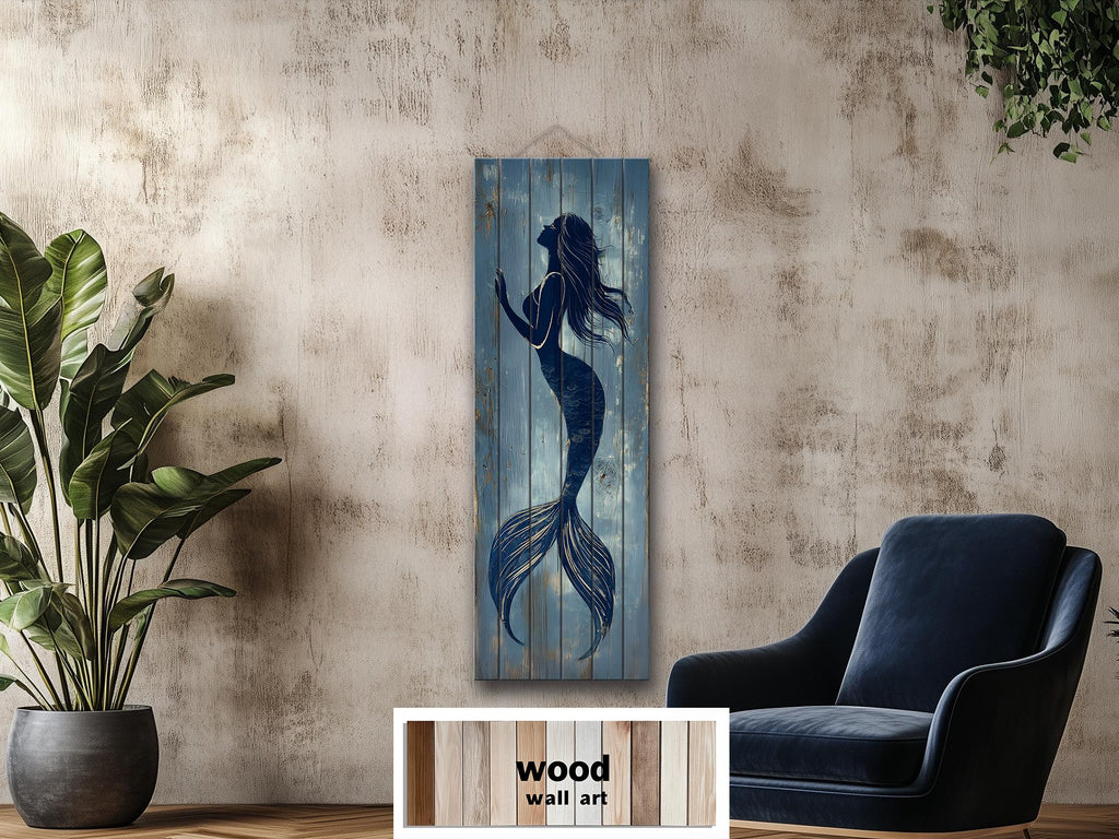 Mermaid Tall Narrow Wood Wall Art For Coastal Beach House Decor