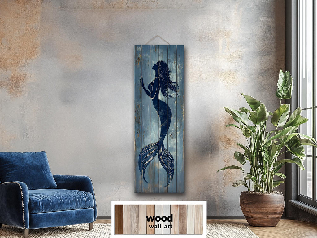 Mermaid Tall Narrow Wood Wall Art For Coastal Beach House Decor